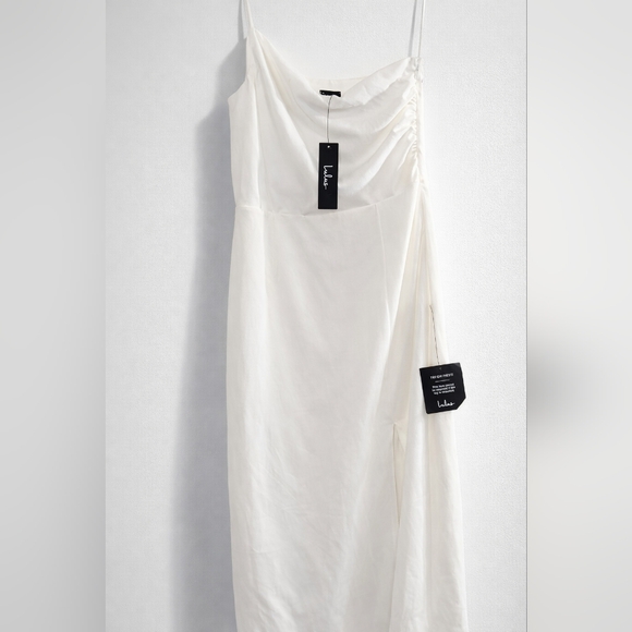 Lulus White Midi Dress L Draped Cowl Neck Slit Minimalist Bridal Chic NWT - Picture 2 of 7